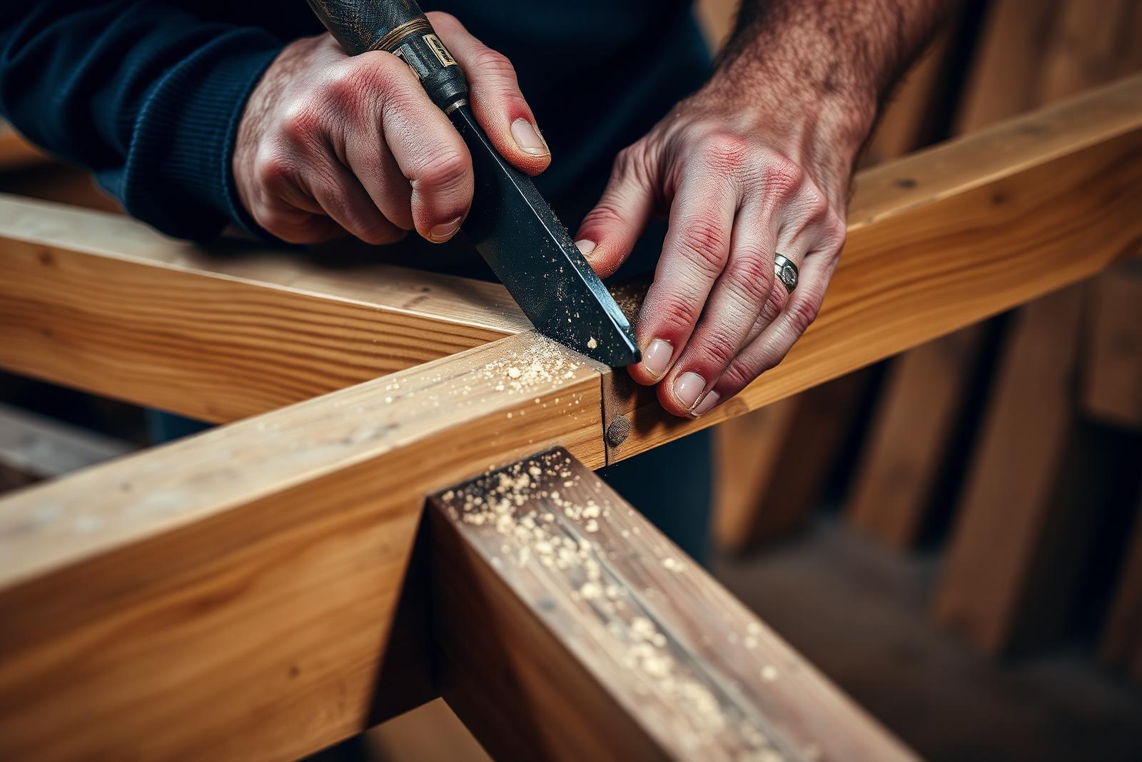 A craftsman working an oak joint by hand